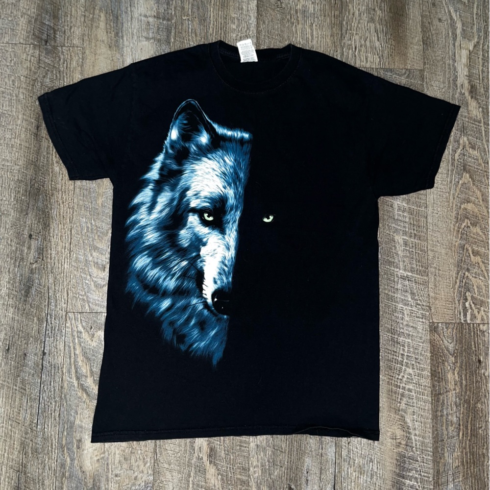 Vintage 90's Wolf Face Graphic‎ Print T-Shirt Black Size Medium Faded